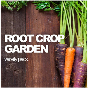 Assorted root crops in seed packets from SeedsNow-SeedBanks, including carrots, beets, and radishes in a variety pack.